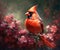Scarlet Beauty Red Bird Perched on a Branch with Flowers