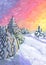 Scarlet dawn over snowy coniferous forest. Winter landscape. Children\\\'s drawing