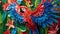 Scarlet macaw in quilling style, its vibrant feathers and intricate patterns crafted by paper coils