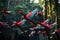 Scarlet macaws flying in the forest. Beautiful Scarlet macaws in the forest, Flock of scarlet and red and green macaws flying in