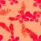 Scarlet Seamless Hibiscus. Red Pattern Vintage. Ruby Tropical Leaves. Pink Flower Texture. Coral Drawing Leaves.