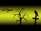 Scarry halloween background with sillhouette old tree, cross, raven and bats