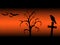 Scarry halloween background with sillhouette old tree, cross, raven and bats orange