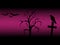 Scarry halloween background with sillhouette old tree, cross, raven and bats purple