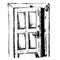 A scary ajar wooden door with traces of handprints. Doodle illustration