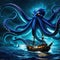 A scary blue giant octopus kraken monster attacking a pirate ship in the dark