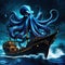 A scary blue giant octopus kraken monster attacking a pirate ship in the dark