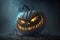 Scary carved pumpkin with evil eyes, jack-o-lantern, Halloween decor ai generated