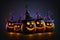 Scary carved pumpkins with evil eyes, Halloween background, ai generated