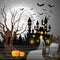 Scary castle with pumpkins and bats in the woods