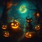 a scary cat Halloween night scene unfolds, featuring a luminous pumpkin