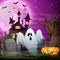 Scary church background with ghost and pumpkins