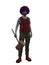Scary clown with curly purple hair, standing with evil smile and holding a wooden mallet. Isolated 3D rendering