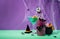 Scary colorful Halloween cocktails with party decorations on purple and green background