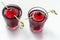 Scary drinks shots made with tequila, grenadine and tabasco decorated with jelly eyeball