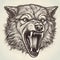 Scary evil angry predatory wolf head grinning teeth, portrait black and white drawing, engraving style,