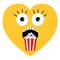 Scary face emotions boo Popcorn. Heart shape. I love movie cinema icon in flat design style. Yellow background. Isolated