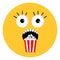 Scary face emotions boo Popcorn. Round shape. I love movie cinema icon in flat design style. Yellow background. Isolated