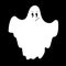 Scary, flying white ghost with angry face on black background.