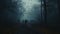 Scary foggy night forest. Silhouettes of trees, crows, people