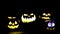 Scary funny angry big orange halloween pumpkins in fire, fog, dark, mist, dusk. Pumpkin exhales smoke, breathes color