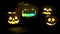 Scary funny angry big orange halloween pumpkins in fire, fog, dark, mist, dusk. Pumpkin exhales smoke, breathes color