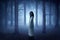 Scary ghost woman with blood and dirty face standing in the haunted forest with fog and moonlight