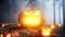 Scary gigant pumpkin in fog night forest. Fear and horror. Mistic and halloween concept. 3d rendering.