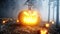Scary gigant pumpkin in fog night forest. Fear and horror. Mistic and halloween concept. Realistic 4K animation.
