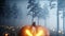 Scary gigant pumpkin in fog night forest. Fear and horror. Mistic and halloween concept. Realistic 4K animation.