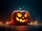 Scary glowing Jack o lantern in a dark room illustration