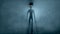 Scary gray alien walks and looks blinking on a dark smoky background. UFO futuristic concept. 3D rendering.