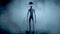 Scary gray alien walks and looks blinking on a dark smoky background. UFO futuristic concept. 3D rendering