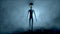 Scary gray alien walks and looks blinking on a dark smoky background. UFO futuristic concept. 3D rendering