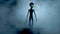 Scary gray alien walks and looks blinking on a dark smoky background. UFO futuristic concept. 3D rendering