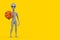 Scary Gray Humanoid Alien Cartoon Character Person Mascot with Basketball Ball. 3d Rendering