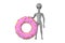 Scary Gray Humanoid Alien Cartoon Character Person Mascot with Big Strawberry Pink Glazed Donut. 3d Rendering