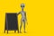 Scary Gray Humanoid Alien Cartoon Character Person Mascot with Blank Wooden Menu Blackboards Outdoor Display. 3d Rendering