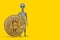 Scary Gray Humanoid Alien Cartoon Character Person Mascot with Digital and Cryptocurrency Golden Bitcoin Coin. 3d Rendering