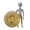 Scary Gray Humanoid Alien Cartoon Character Person Mascot with Digital and Cryptocurrency Golden Bitcoin Coin. 3d Rendering