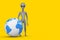 Scary Gray Humanoid Alien Cartoon Character Person Mascot with Earth Globe. 3d Rendering