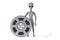 Scary Gray Humanoid Alien Cartoon Character Person Mascot with Film Reel Cinema Tape. 3d Rendering