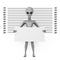 Scary Gray Humanoid Alien Cartoon Character Person Mascot with Identification Plate in front of Police Lineup or Mugshot