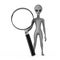 Scary Gray Humanoid Alien Cartoon Character Person Mascot with Magnifying Glass. 3d Rendering