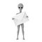 Scary Gray Humanoid Alien Cartoon Character Person Mascot with White Blank Envelope. 3d Rendering