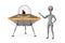 Scary Gray Humanoid Alien near Cute Spaceship Cartoon UFO. 3d Rendering