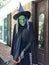 The scary green face witch with black outfit and pointed hat in front of the house