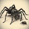 a scary hairy black spider and a small spider nearby, black and white drawing