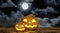 Scary halloween background with grinning pumpkins and moon in background