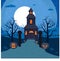 Scary Halloween background with mistery old house, trees, moonlight and pumpkins with horor faces stock vector illustration